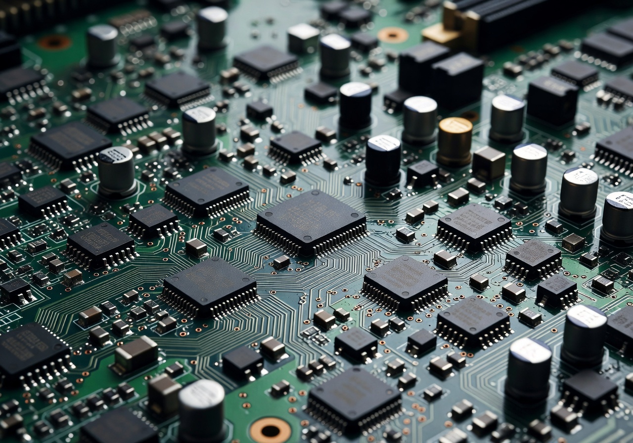 Tech hardware motherboard circuit showing engineering